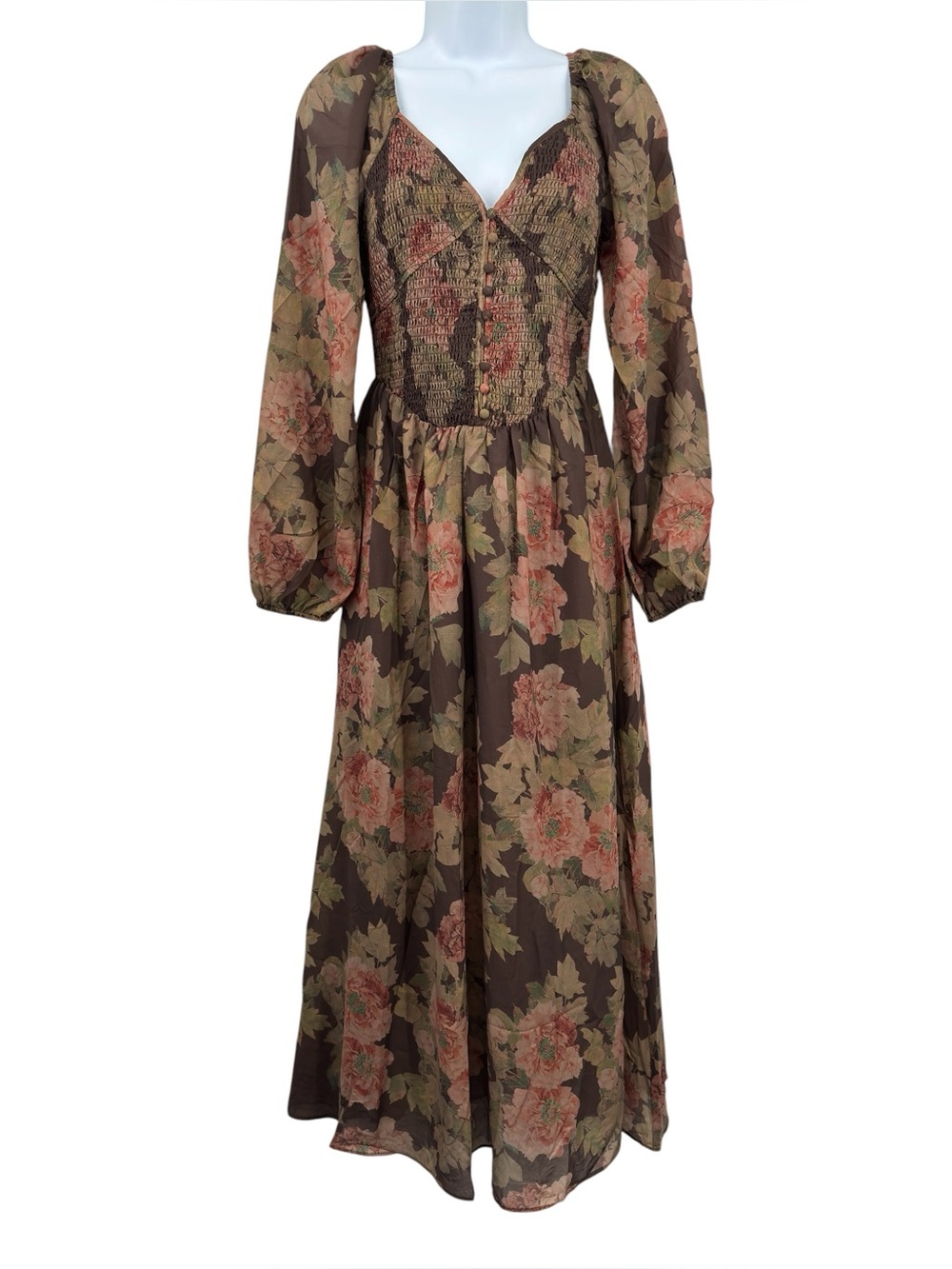 Promesa Peaceful Petals Smocked Floral Chiffon Pullover Peasant Midi Dress Sz S